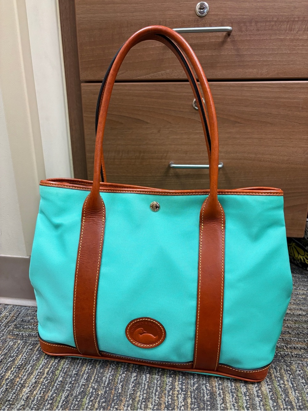 Dooney & Bourke Turquoise Tote with Brown Leather Trim